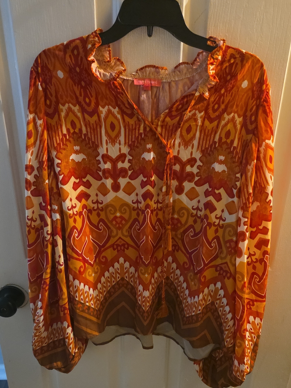 Flying Tomato Multicolor Orange & Gold Printed Ruffled V-Neck Blouse